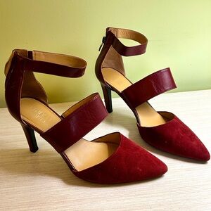 Franco Sarto Leather and Suede Women’s Maroon color pointed toe pumps